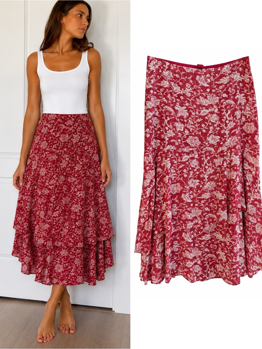 Peruvian Connection Red Floral Viscose Midi Skirt Women Size 6 Boho Layered Hem